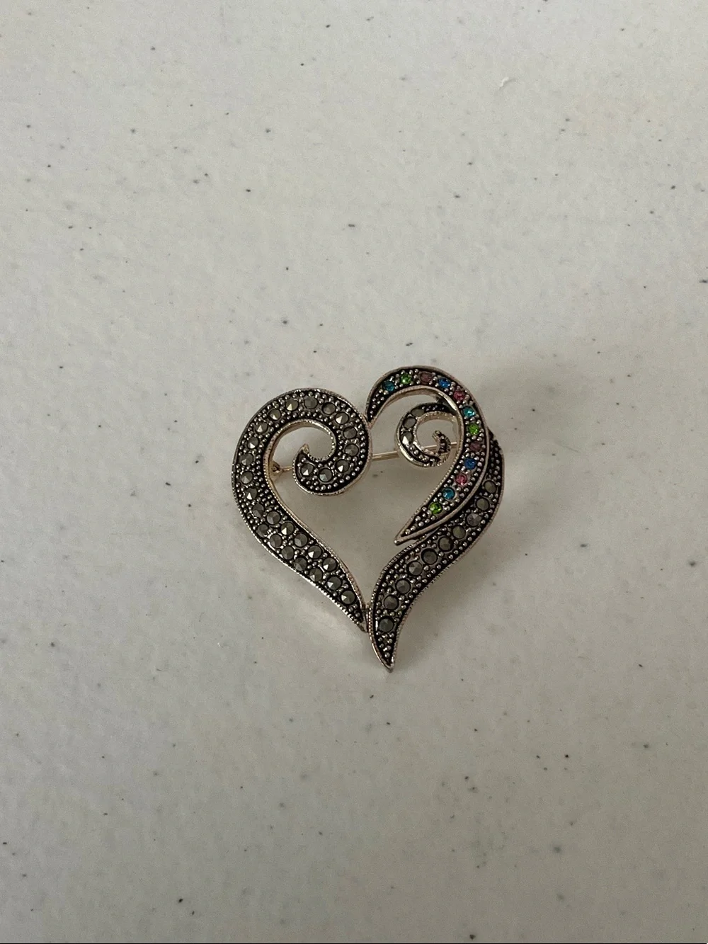 Silver-Tone Heart-Shaped Marcasite and Multi-Stone Brooch